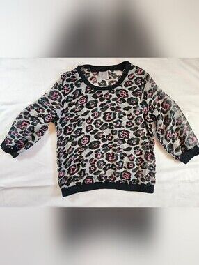 Pony Tails Girls Gray Blue & Pink Leopard Print Sheer 3/4 Sleeve Top Size Medium